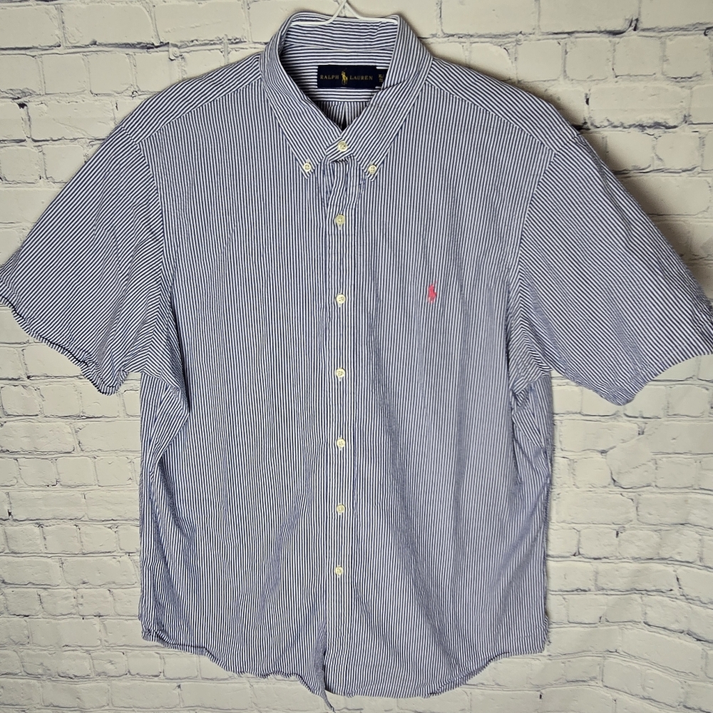 Ralph Lauren Men's Navy and White Striped Shirt With Pink Pony Size XL